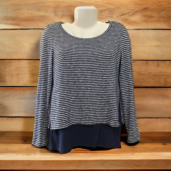 Dress Barn Sunday Women's Navy/Gray Striped Back Tie Layered Pullover | Size XS - Picture 1 of 12